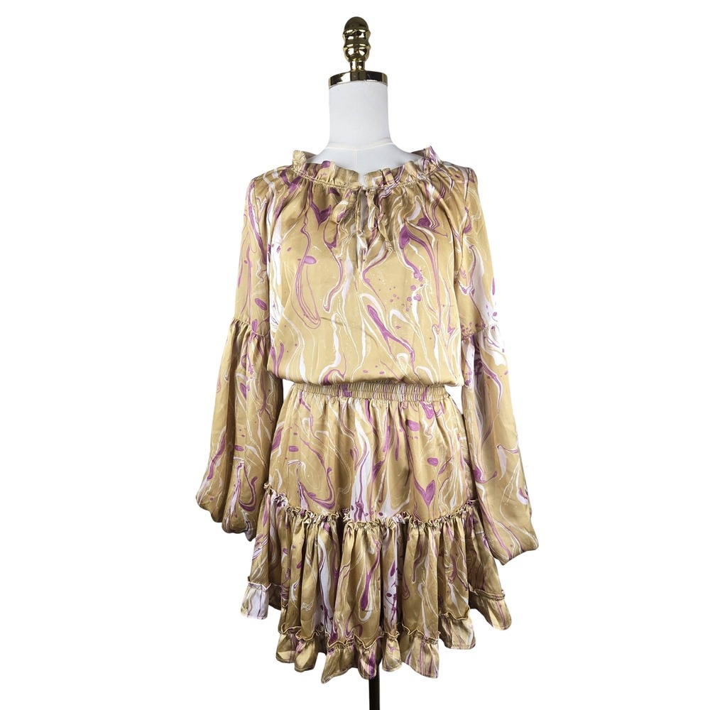 BuddyLove Zozo Dress Women Small Gold Purple Marble Ruffle Tiered Boho Chic